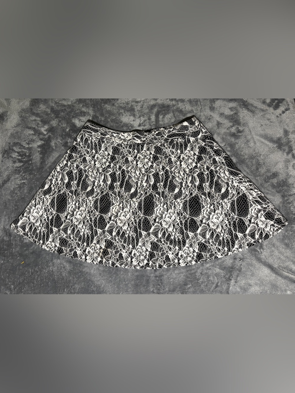 Iz Byer Black Skirt with White Floral Lace Overlay